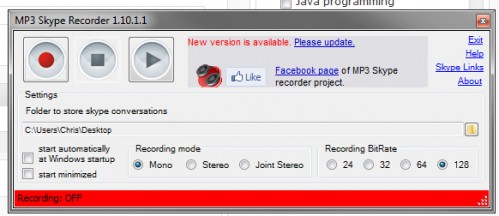 MP3 Skye Recorder Interface Settings