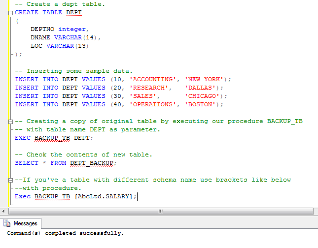 Stored Procedure to copy one table to another.