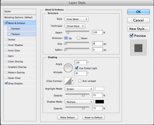 Bevel and emboss layer style values