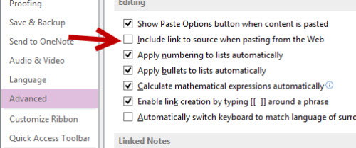 onenote advanced option remove link to source when pasting from web
