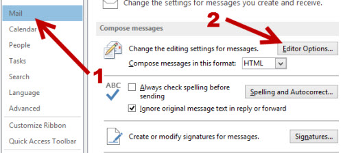 outlook 2013 editor mail options