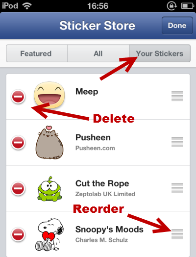 Delete reorder stickers in Facebook