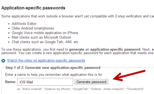 generate app specific password for Google account