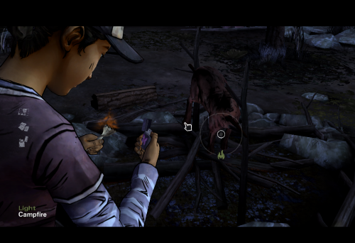 help Clementine pick up the log and burn it