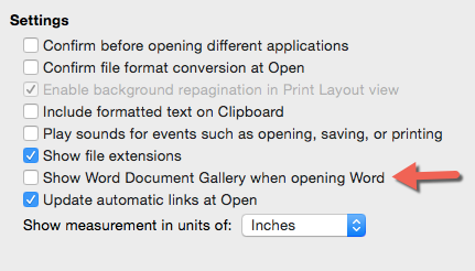 image depicting the option to show word document gallery when opening word