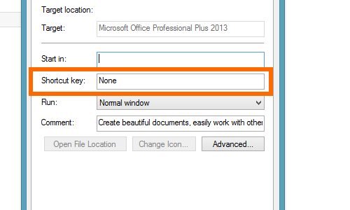 shortcut key tab on word 2013 properties