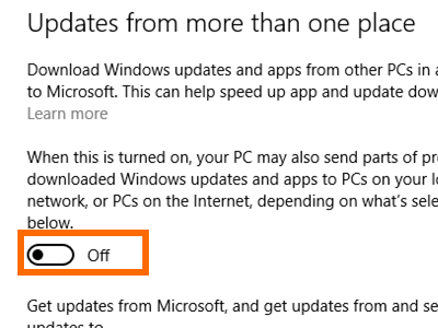 Windows 10 - Start - Settings - Choose How Updates are delivered - Switch button to enable