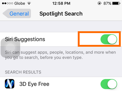 iPhone 6 - General - Spotlight Search - Siri Suggestions Button