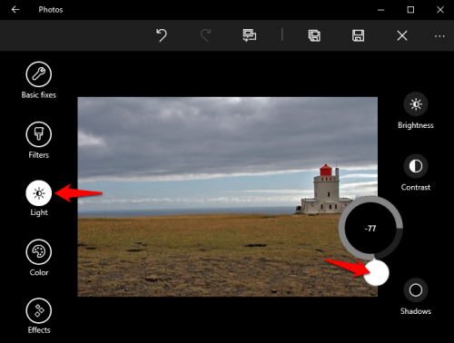 Windows 10 Photos Adjust Highlights