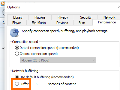 Windows 10 Media Player - Organize Menu - Option - Performance - Buffer