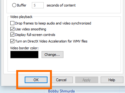 Windows 10 Media Player - Organize Menu - Option - Performance - OK