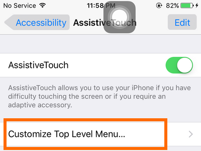 iPhone - Settings - General - Accessibility - Assistive Touch option - customize top level menu