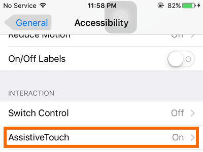 iPhone - Settings - General - Accessibility - Assistive Touch option
