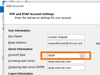 Microsoft Outlook - File - Add Account - manual setup - Account type IMAP