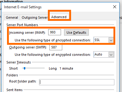 Microsoft Outlook - File - Add Account - manual setup - more - Advance - incoming