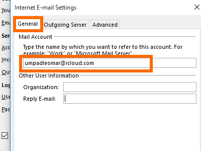 Microsoft Outlook - File - Add Account - manual setup - more - general