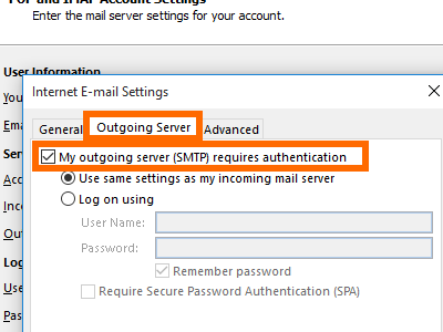 Microsoft Outlook - File - Add Account - manual setup - more - outgoing SMTP
