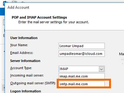 Microsoft Outlook - File - Add Account - manual setup - outbout SMTP