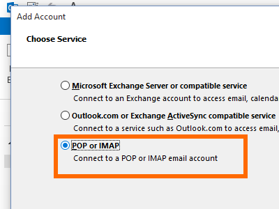 Microsoft Outlook - File - Add Account - manual setup - pop or imap