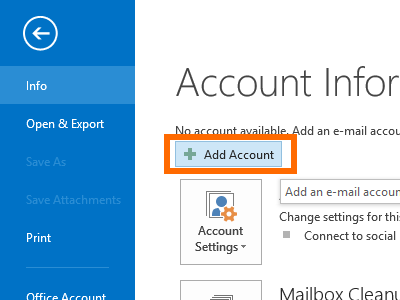 Microsoft Outlook - File - Add Account