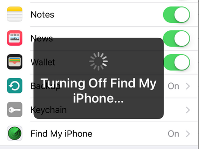Settings - iCloud - Turning off Find my iphone