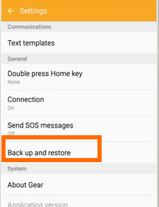 Gear S2 - Phone - Apps - Gear S2 - Settings - Backup and Restore