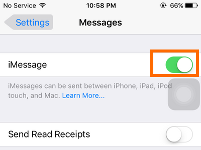 Settings - Messages - iMessage switch