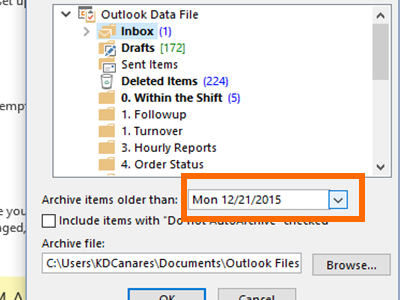 Outlook - File Menu - Info - Cleanup Tools - Archive - Choose Date