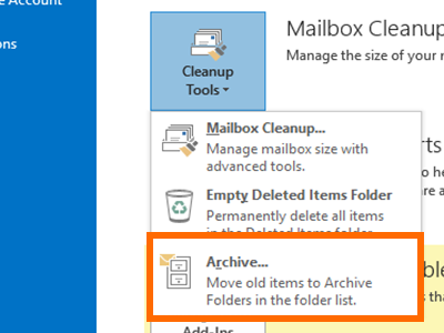 Outlook - File Menu - Info - Cleanup Tools - Archive