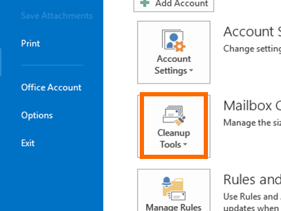 Outlook - File Menu - Info - Cleanup Tools