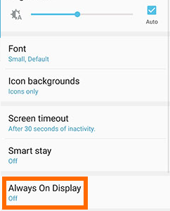 Samsung Galaxy S7 Home screen - Apps - Settings - Device Tab - Display - Always On Display