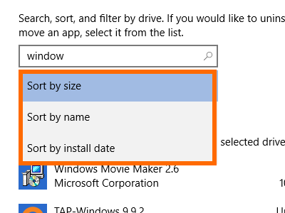 Windows - System - Storage - Drive Details - Apps and Games - Sort by type2
