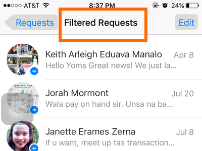 iPhone - Messenger - Messages - Me - People - Requests - Filtered Requests Messages