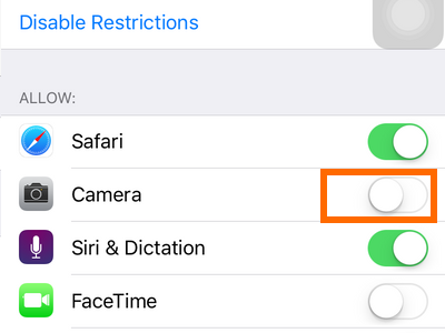 iPhone - Settings - General - Restriction - Camera Toggle