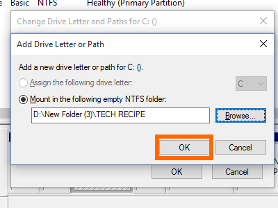 Disk Management - Add - Browse for drives - New Folder -Folder Name -