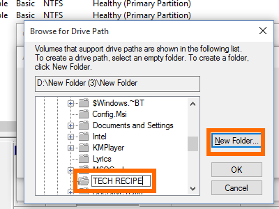 Disk Management - Add - Browse for drives - New Folder -Folder Name