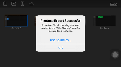 GarageBand - Smart Strings - Drop down box - My Music list - ringtone export successful
