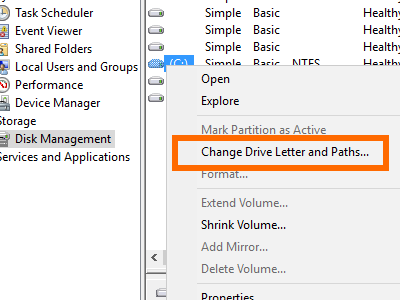 Windows - Computer Management - Storage - Disk Management - Change Drive Letter and Paths