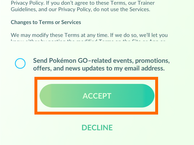 Pokemon Go - TOS Terms of Service - Accept
