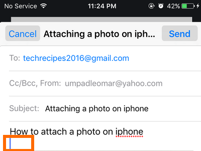 iphone Mail - create message - tap and hold on an empty space