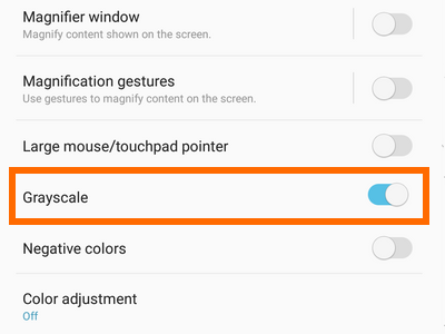 Android Samsung Settings Accessibility Vision Grayscale ON
