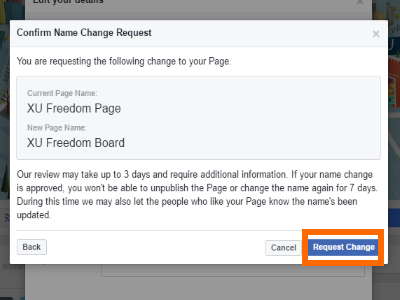 Change Facebook Page Name Dialog Request Change Button