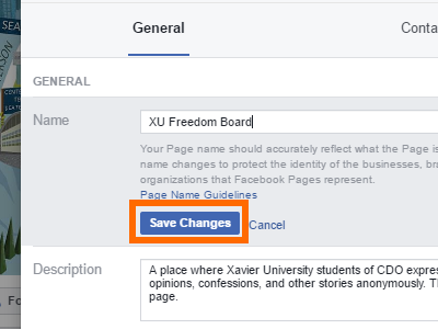 Facebook Change Page Name Save Changes