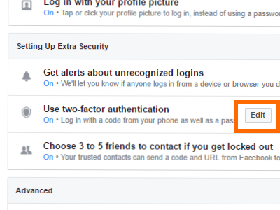 Facebook Use Two-Factor Authorization Edit Button