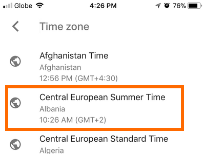 iPhone Google Calendar Scroll Down to Settings General Change Time Zone Choose from list