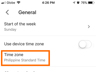 iPhone Google Calendar Scroll Down to Settings General Change Time Zone