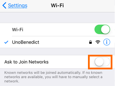 iPhone Settings Wi-Fi Ask to Join Networks OFF