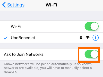 iPhone Settings Wi-Fi Ask to Join Networks ON