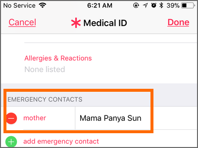 iPhone Health App Medical ID Add Emergency contacts DONE
