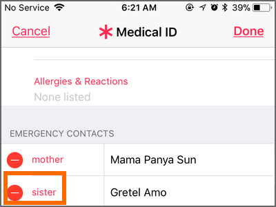 iPhone Health App Medical ID Add Emergency contacts Remove Contact